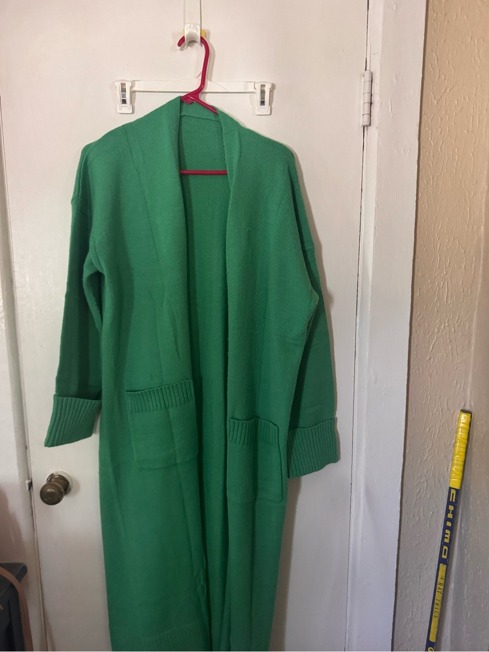Long Open-Front Green Knit Cardigan Sweater